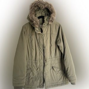 Mossimo olive green juniors Small hooded coat with zipper and snap closure